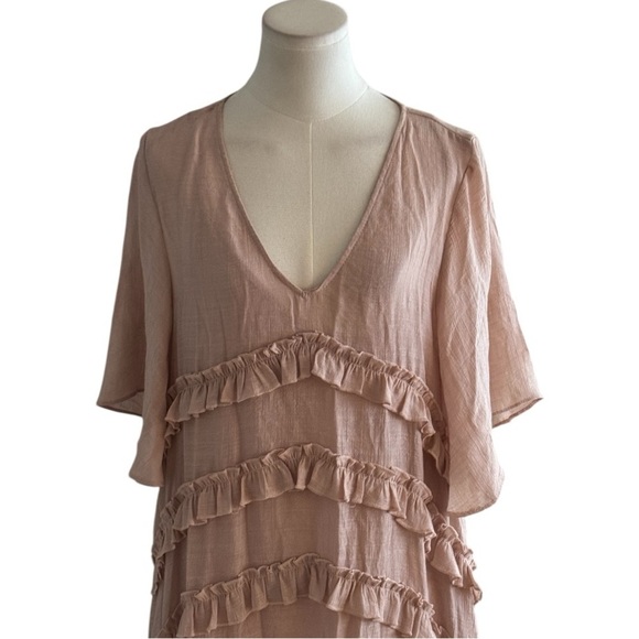 FLAWLESS‎ Bell Sleeve Tiered Ruffle Mini Dress Mauve Pink Sz L Boho Casual Party - Picture 7 of 11